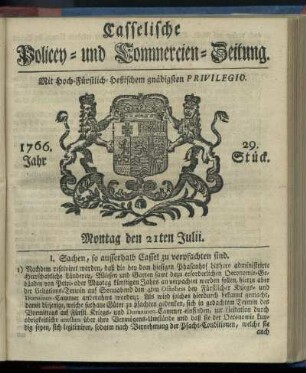 29. Stueck, Montag den 21ten Julii 1766