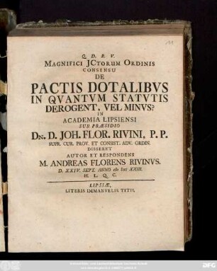 Magnifici Jctorum Ordinis Consensu De Pactis Dotalibvs In Qvantvm Statvtis Derogent, Vel Minvs?