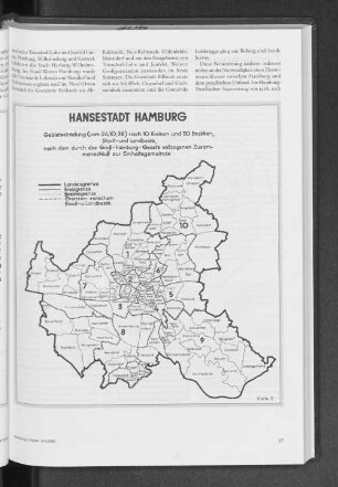 Hansestadt Hamburg. Gebietseinteilung (vom 26.10.38) nach 10 Kreisen und 110 Bezirken, Stadt- und Landbezirk, nach dem durch das Groß-Hamburg-Gesetz vollzogenen Zusammenschluß zur Einheitsgemeinde