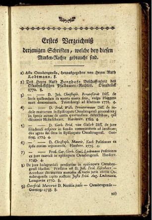 Erstes Verzeichniß derjenigen Schriften, welche bey diesen Marken-Rechte gebraucht sind.