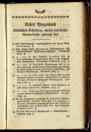 Erstes Verzeichniß derjenigen Schriften, welche bey diesen Marken-Rechte gebraucht sind.
