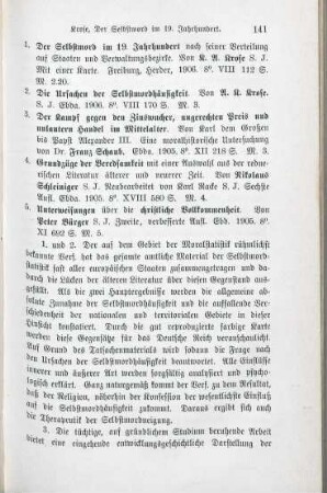 141-143 [Rezension] Krose, Hermann A., Der Selbstmord im 19. Jahrhundert nach seiner Verteilung auf Staaten und Verwaltungsbezirke