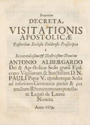 Sequuntur decreta, visitationis apostolicæ ...