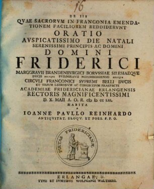 De Iis, Qvae Sacrorvm In Franconia Emendationem Faciliorem Reddidervnt, Oratio