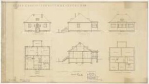 Wohnhaus Gertrud Beneke, Berlin-Westend Wiederaufbau: 3 Ansichten, Schnitt, Grundrisse vorhandenes Kellergeschoss und Erdgeschoss 1:100