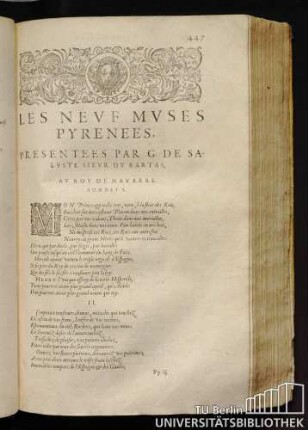 Les Neuf Muses Pyrenees, Presentees Par G. De Saluste Sieur Du Bartas, Au Roy De Navarre. Sonnet I.