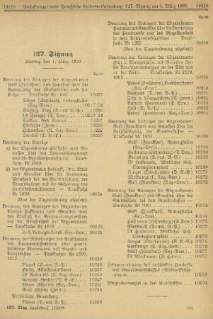 127. Sitzung. Montag den 1. März 1920