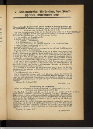V. Zeitungswesen, Verbreitung von Druckschriften, Bildwerken usw.