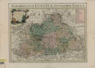 Karte der Niederlausitz, 1:250 000, Kupferstich., 1759 : Le Marquisat De Basse-Lusace : Divisé en ses Cercles, Seigneuries et Senechaussées &c. = Marchionatus Lusatiae Inferioris Tabula / L. Schenk J. Soon sculpsit. - [Ca. 1:250 000]. - Amsterdam : Covens et Mortier , 1759. - 1 Kt. : kolor. Kupferst. ; 56 x 42 cm