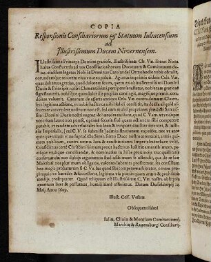 M3v Copia Responsionis Consiliariorum et Statuum Iuliacensium ad Illustrißimum Ducem Nivernensem