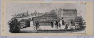 Stadtansicht von Dresden, Blick vom Wall des Gartens des Japanischen Palais auf das Japanische Palais und die Altstadt, im Vordergrund Spaziergänger (spiegelverkehrt)