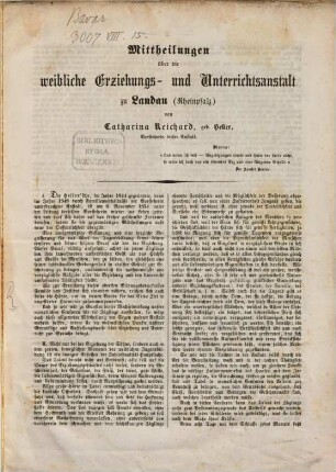 Mittheilungen über die weibliche Erziehungs-Anstalt zu Landau (Rheinpfalz)