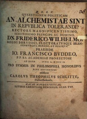 Quaestionem politicam: An alchemistae sint in republica tolerandi?