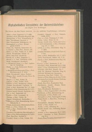 Alphabetisches Verzeichnis der Universitätslehrer mit Angabe ihrer Wohnungen.
