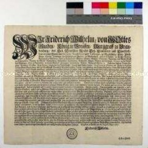 Edikt von Friedrich Wilhelm I. König in Preußen betreffend Regulierung des Münzwesens und der Einfuhr "schlechter" Münzen