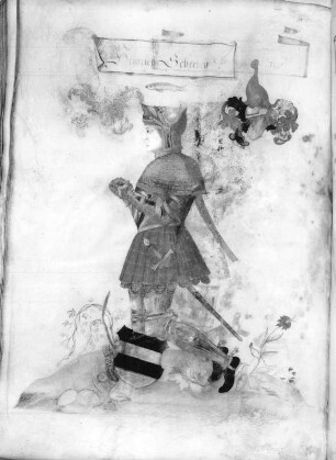 Heinrich Schneeberg in Rüstung kniend. Illustration und Textseite aus: Hanns Jacob Fugger, Ehren-Spiegel des Hauses Oesterreich..., 1555. Dresden. SLUB L.2