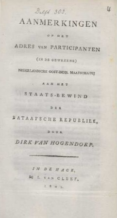 Aanmerkingen op het adres van participanten (in de gewezene) Nederlandsche Oost-Indis. Maatschappij aan het staats-bewind der Bataafsche Republiek