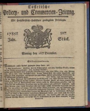 52tes Stueck, Montag den 26ten December. 1785
