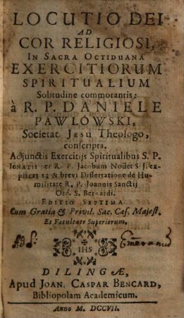 Locutio Dei Ad Cor Religiosi : In Sacra Octiduana Exercitiorum Spiritualium Solitudine commorantis