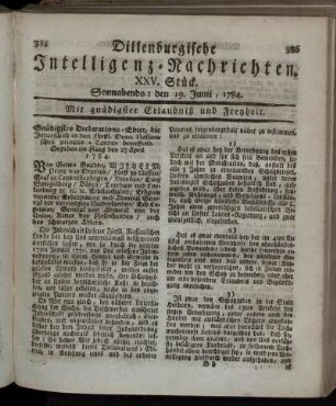 XXV. Stück. Sonnabends: den 19. Junii, 1784.