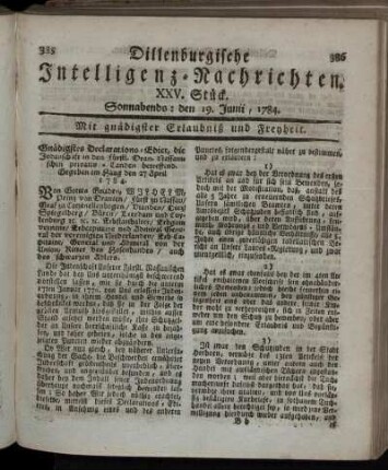 XXV. Stück. Sonnabends: den 19. Junii, 1784.