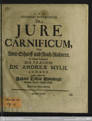 Permissu Superiorum De Iure Carnificum, Vulgo Vom Scharff- und Nach-Richtern