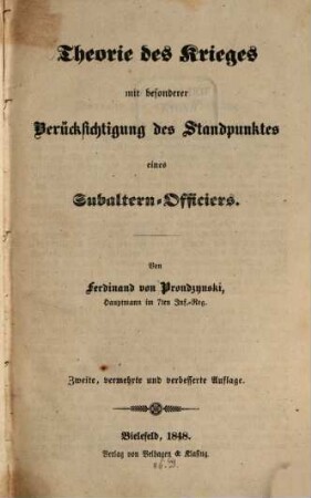 Theorie des Krieges mit besonderer Berücksichtigung des Standpunktes eines Subaltern-Officiers