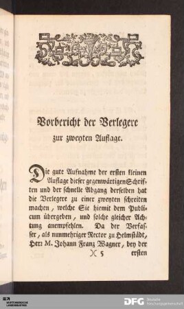 Vorbericht der Verlegere zur zweyten Auflage.