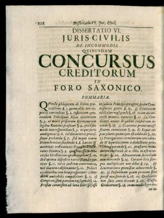 Dissertatio VI. Juris Civilis De Incommodis Quibusdam Concursus Creditorum In Foro Saxonico