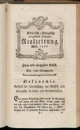 Zwey und vierzigstes Stück. Den 15ten Weinmonat. Wien, 1776.