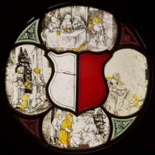 Rundscheibe mit Wappen des Hochstifts Augsburg sowie vier Szenen aus dem Leben Johannes des Täufers