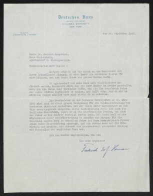 Brief von Frederick W. J. Heuser von Columbia University / Deutsches Haus  an Gerhart Hauptmann