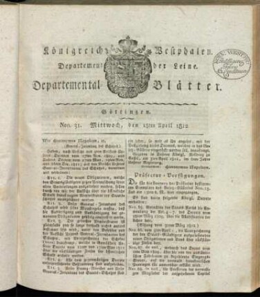 Nro. 31. Mittwoch, den 15ten April 1812 [-] Nro. 40. Sonnabend, den 16ten May 1812