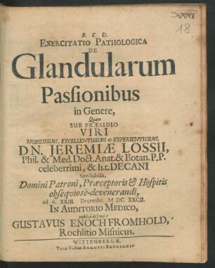 Exercitatio Pathologica De Glandularum Passionibus in Genere