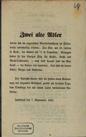 Zwei alte Adler hatten sich im ungarischen Revolutionssturm im Festenhorste todesmuthig erhoben. ... : Innsbruck den 7. September 1850