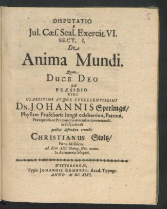 Disputatio E Iul. Caes. Scal. Exercit. VI. Sect. I. De Anima Mundi