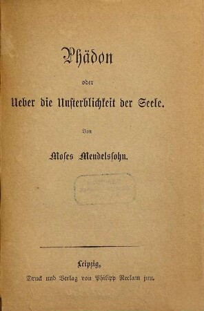 Phädon oder Ueber die Unsterblichkeit der Seele