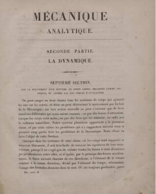 Mécanique Analytique. Seconde Partie. La Dynamique.