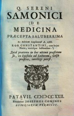 De medicina praecepta saluberrima : ex editione Lugdunensi A. 1566