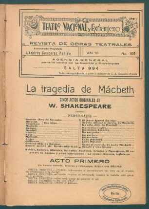 1921016500: La tragedia de Mácbeth : cinco actos originales