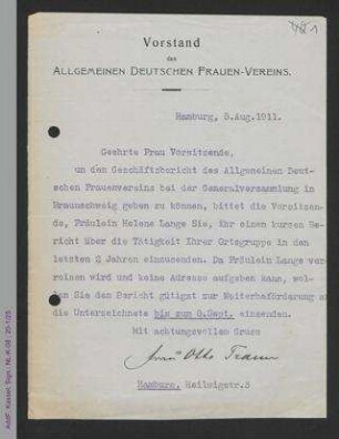 Rundschreiben von Antonie Traun im Namen des Vorstands des ADF an die Vorsitzenden der Ortsgruppen
