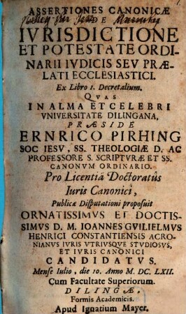 Assertiones canonicae de iurisdictione et potestate ordinarii iudicis seu praelati ecclesiastici