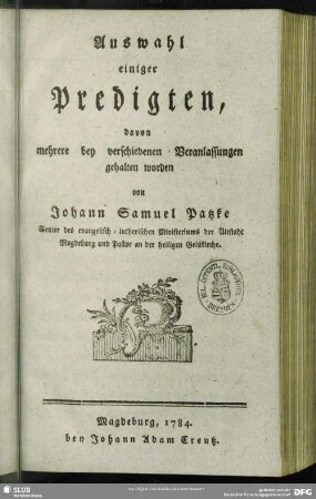 Auswahl einiger Predigten, davon mehrere bey verschiedenen Veranlassungen gehalten worden