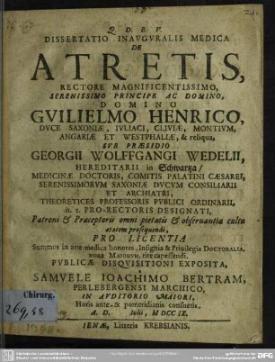 Dissertatio Inauguralis Medica De Atretis