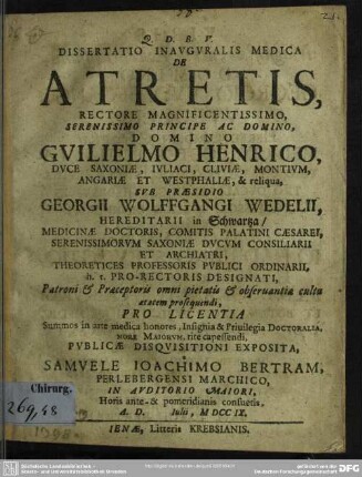 Dissertatio Inauguralis Medica De Atretis