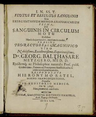 Fluxus Et Refluxus Sanguinis Sive Exercitationum Medico-Anatomicarum Prima, De Sanguinis In Circulum Motu : Exhibens Motus huius natales, modum & causas