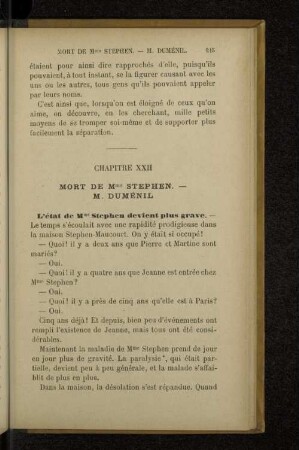 Chapitre XXII Mort de Mme Stephen. - M. Duménil
