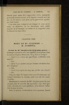 Chapitre XXII Mort de Mme Stephen. - M. Duménil