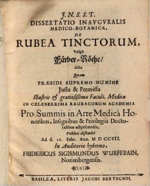 Diss. de rubea tinctorum, vulgo Färber-Röthe