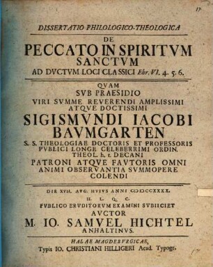 Diss. philo. theol. de peccato in Spiritum Sanctum ad dictum loci classici Ebr. VI, 4. 5. 6.
